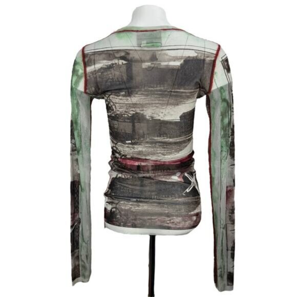 JEAN PAUL GAULTIER Vintage Long Sleeve Mesh Top Sz Large Berlin Wall City Scape - Picture 5 of 12